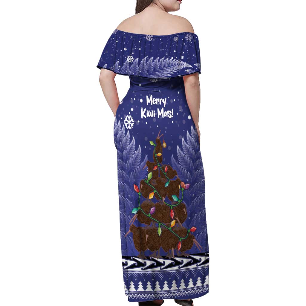 Kiwi New Zealand Christmas Family Matching Off Shoulder Maxi Dress and Hawaiian Shirt Meri Kirihimete Silver Fern - Blue Color