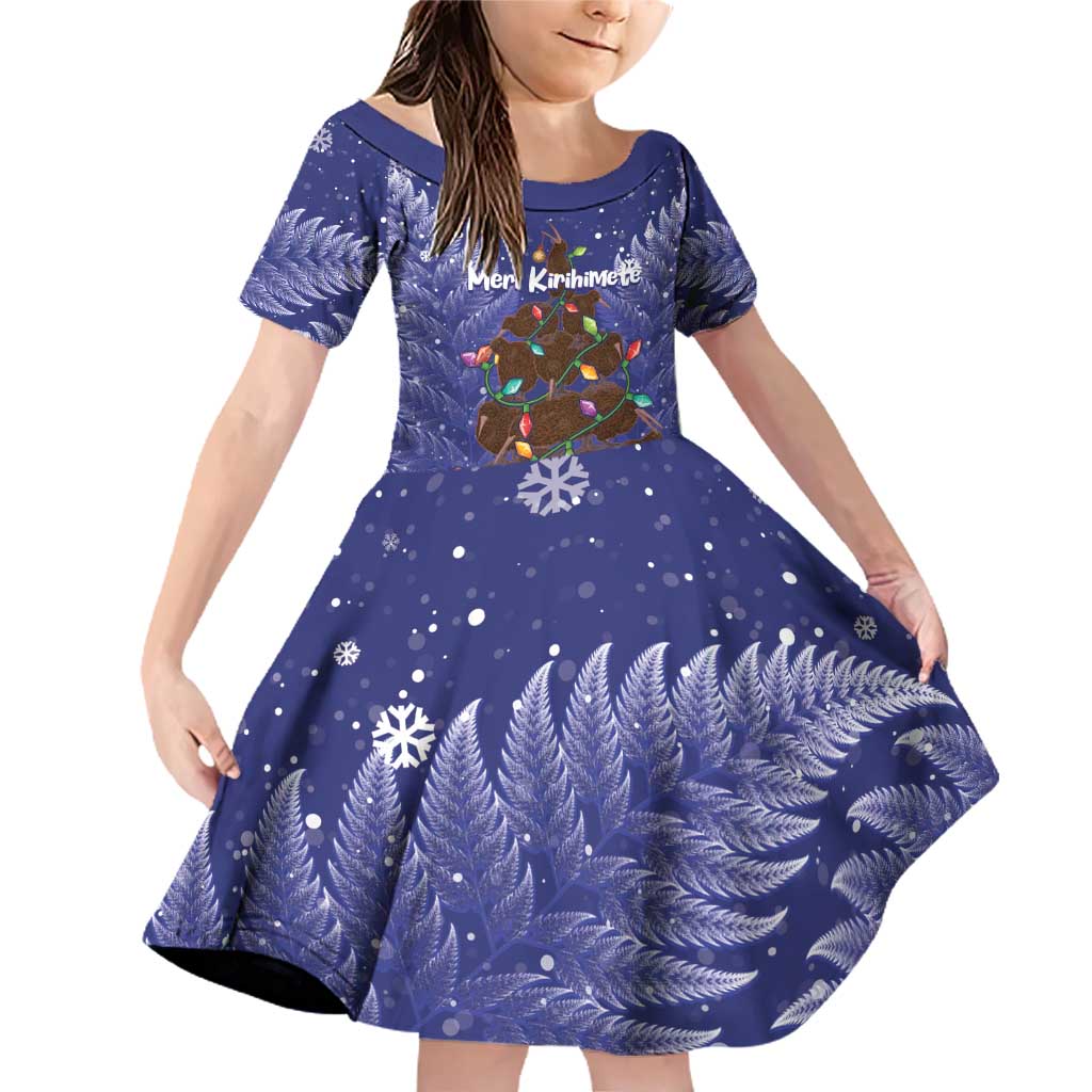 Kiwi New Zealand Christmas Family Matching Off Shoulder Short Dress and Hawaiian Shirt Meri Kirihimete Silver Fern - Blue Color