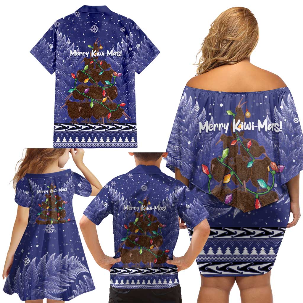 Kiwi New Zealand Christmas Family Matching Off Shoulder Short Dress and Hawaiian Shirt Meri Kirihimete Silver Fern - Blue Color