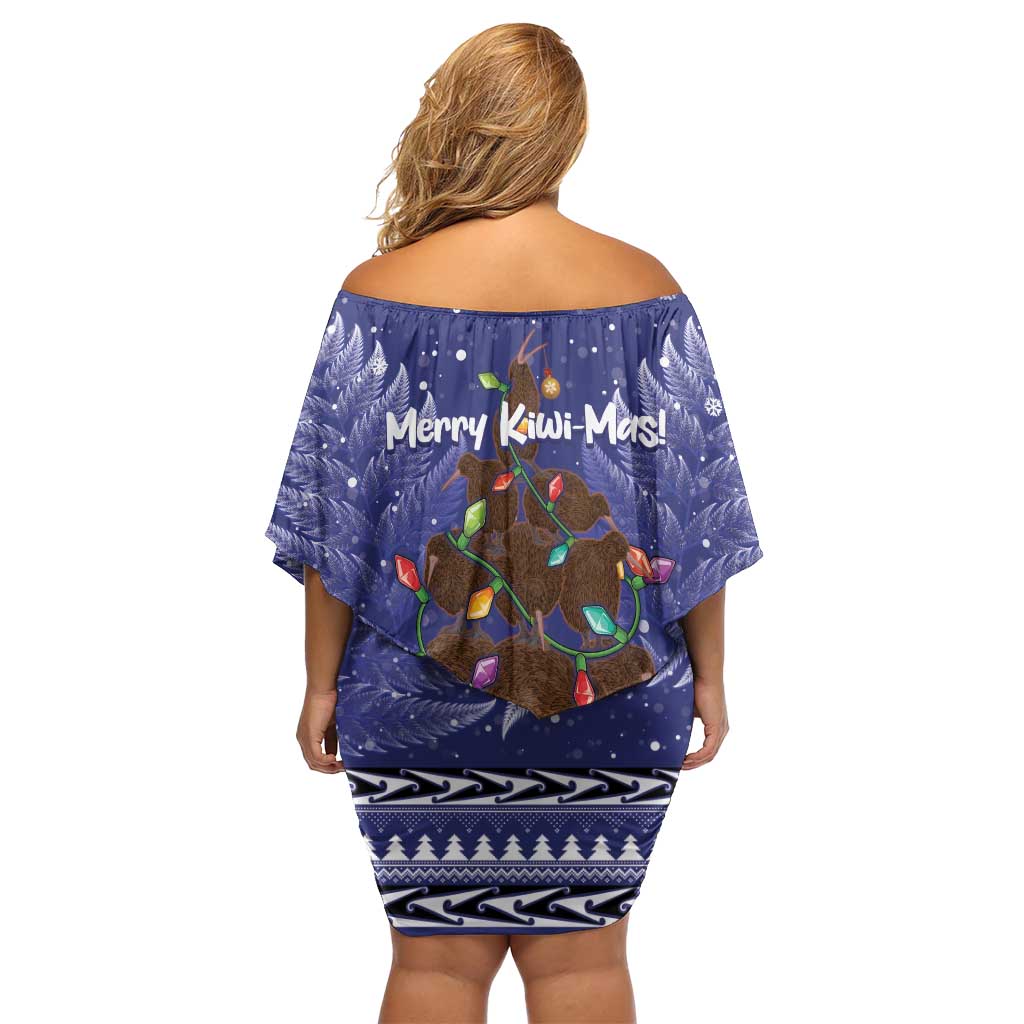 Kiwi New Zealand Christmas Family Matching Off Shoulder Short Dress and Hawaiian Shirt Meri Kirihimete Silver Fern - Blue Color