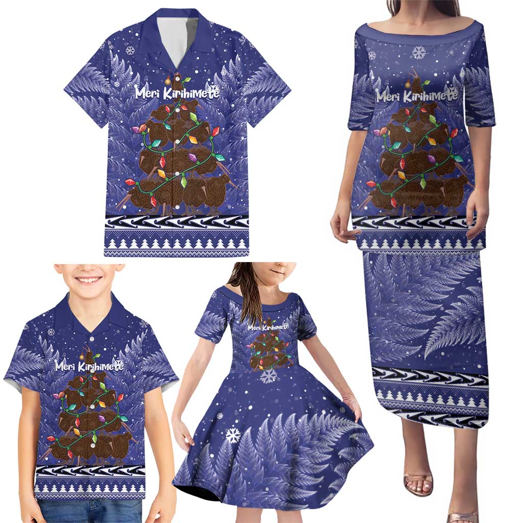 Kiwi New Zealand Christmas Family Matching Puletasi and Hawaiian Shirt Meri Kirihimete Silver Fern - Blue Color