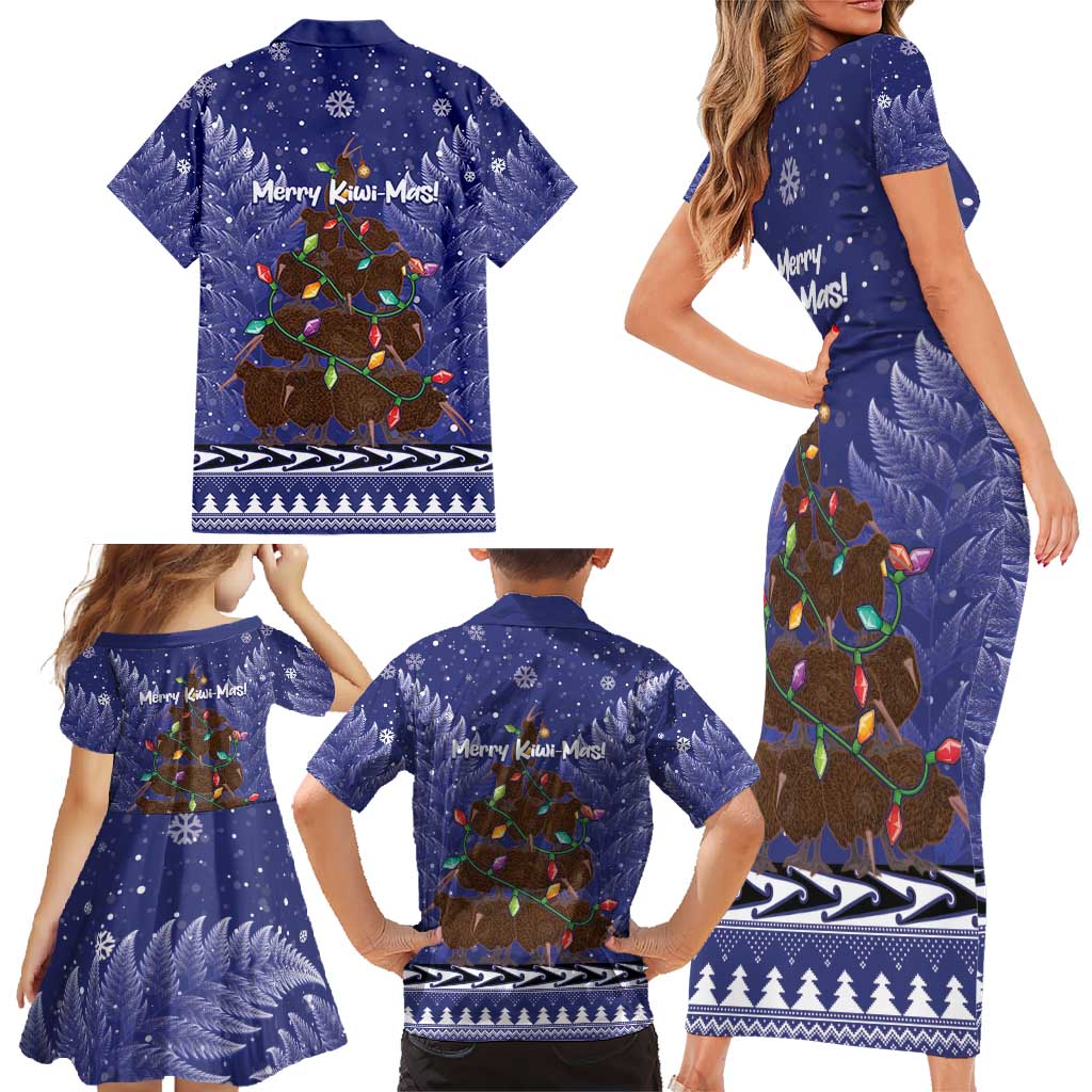 Kiwi New Zealand Christmas Family Matching Short Sleeve Bodycon Dress and Hawaiian Shirt Meri Kirihimete Silver Fern - Blue Color