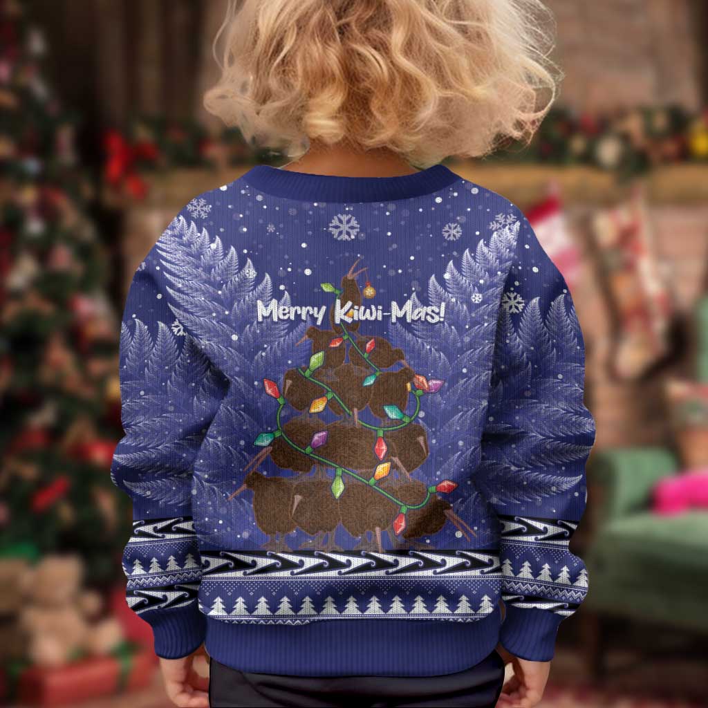 Kiwi New Zealand Christmas Kid Ugly Christmas Sweater Meri Kirihimete Silver Fern - Blue Color