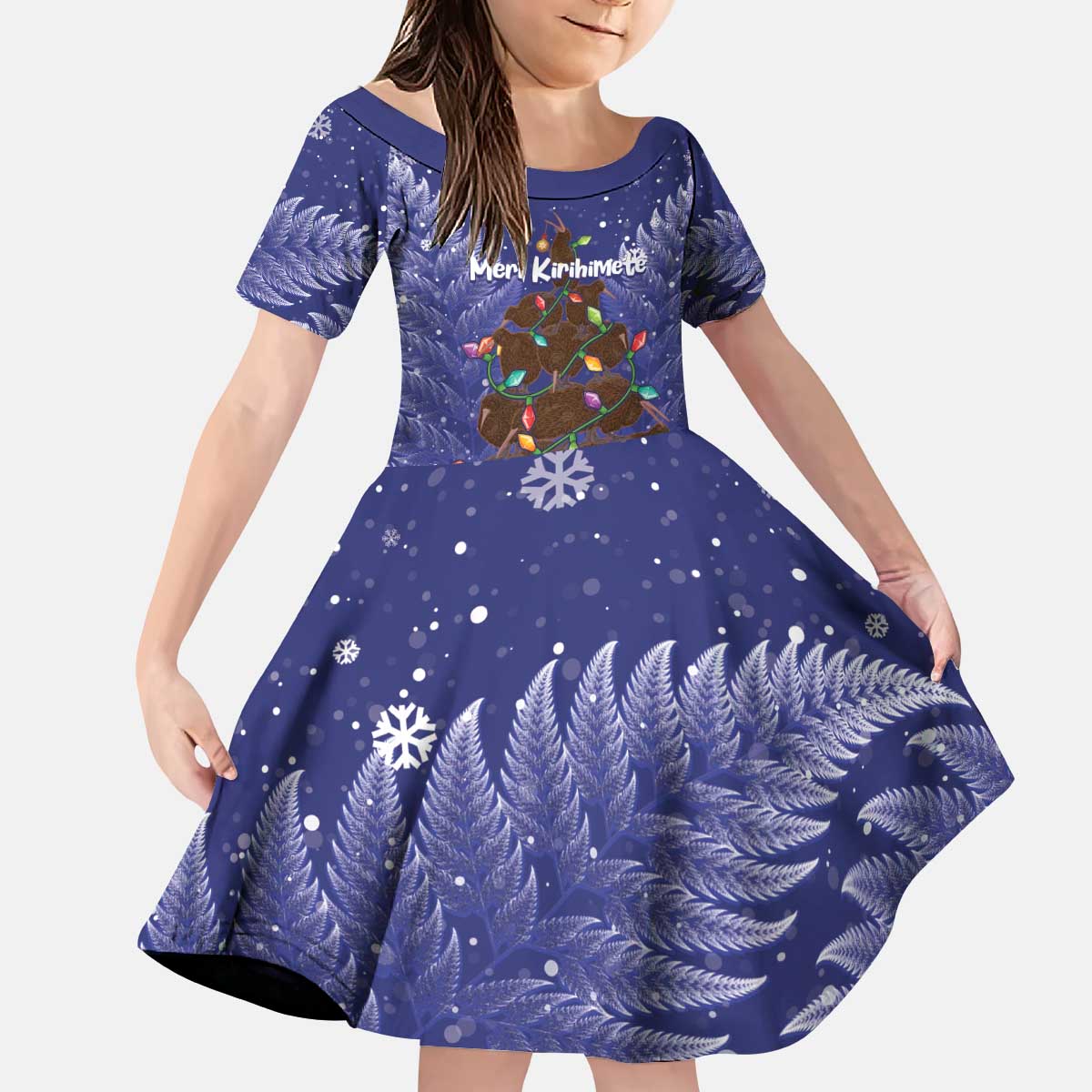 Kiwi New Zealand Christmas Kid Short Sleeve Dress Meri Kirihimete Silver Fern - Blue Color - Vibe Hoodie Shop