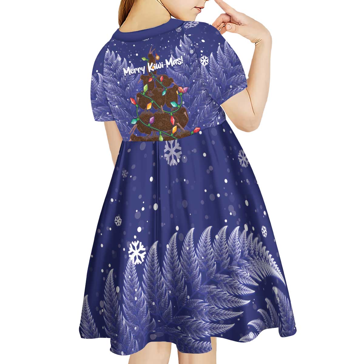 Kiwi New Zealand Christmas Kid Short Sleeve Dress Meri Kirihimete Silver Fern - Blue Color - Vibe Hoodie Shop