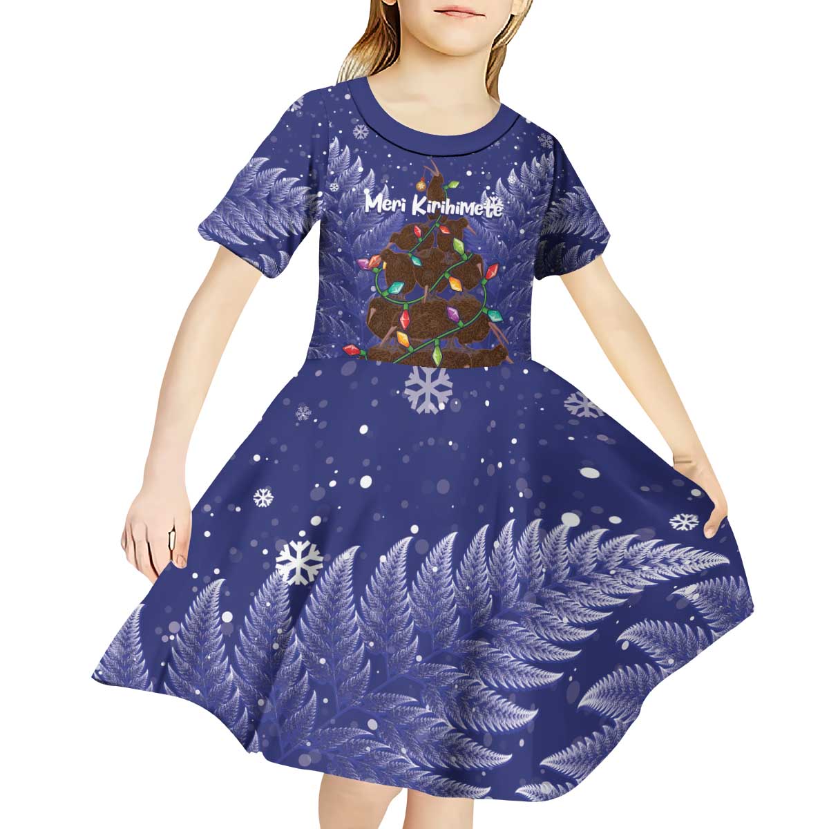 Kiwi New Zealand Christmas Kid Short Sleeve Dress Meri Kirihimete Silver Fern - Blue Color - Vibe Hoodie Shop