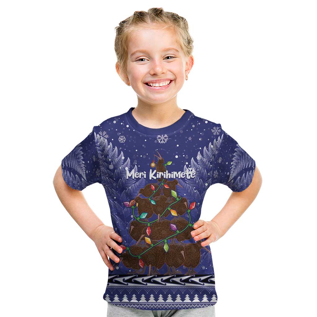 Kiwi New Zealand Christmas Kid T Shirt Meri Kirihimete Silver Fern - Blue Color - Vibe Hoodie Shop