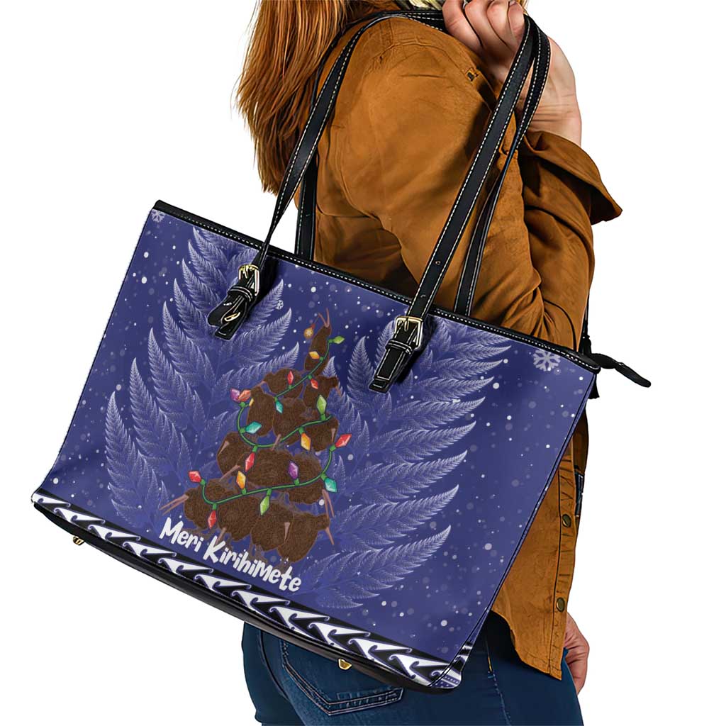 Kiwi New Zealand Christmas Leather Tote Bag Meri Kirihimete Silver Fern - Blue Color