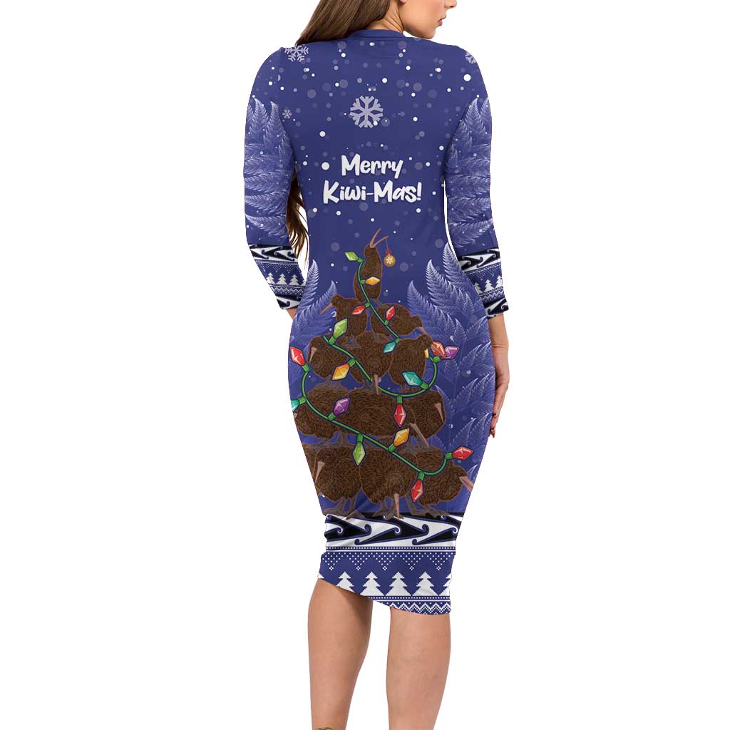 Kiwi New Zealand Christmas Long Sleeve Bodycon Dress Meri Kirihimete Silver Fern - Blue Color