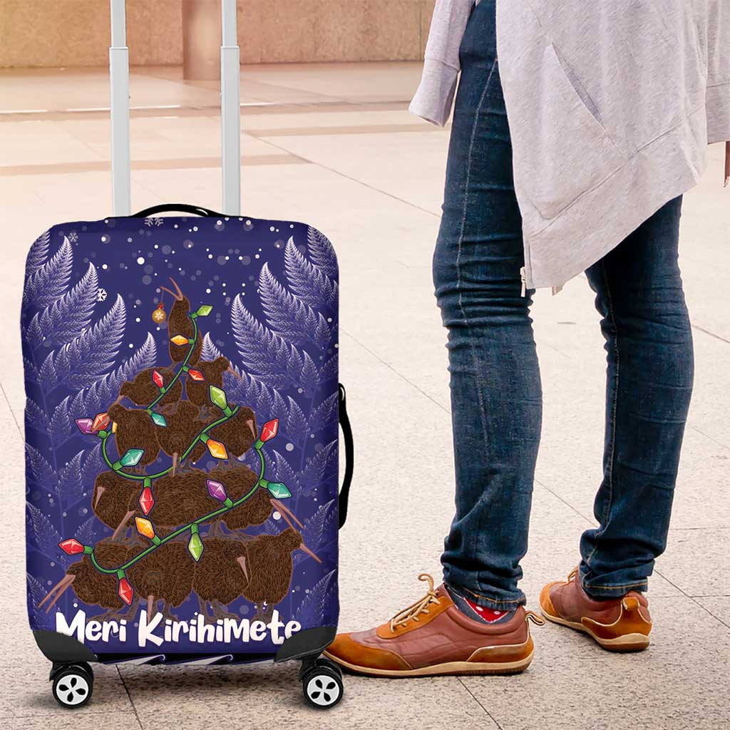 Kiwi New Zealand Christmas Luggage Cover Meri Kirihimete Silver Fern - Blue Color - Vibe Hoodie Shop