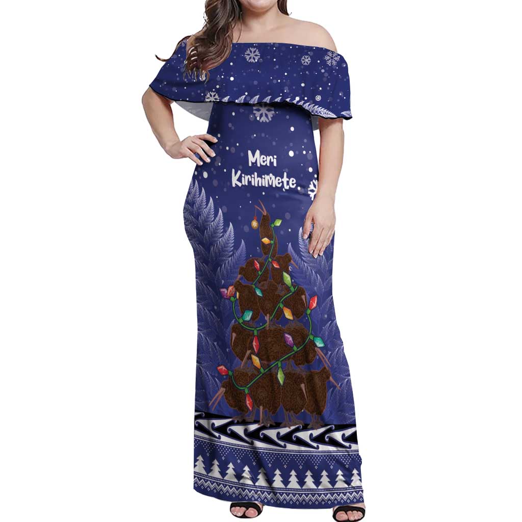 Kiwi New Zealand Christmas Off Shoulder Maxi Dress Meri Kirihimete Silver Fern - Blue Color