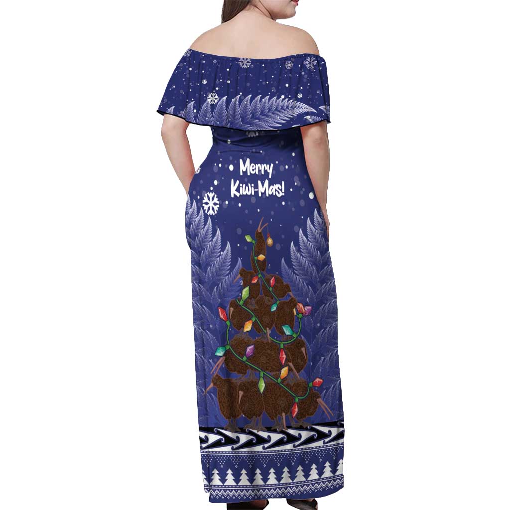 Kiwi New Zealand Christmas Off Shoulder Maxi Dress Meri Kirihimete Silver Fern - Blue Color