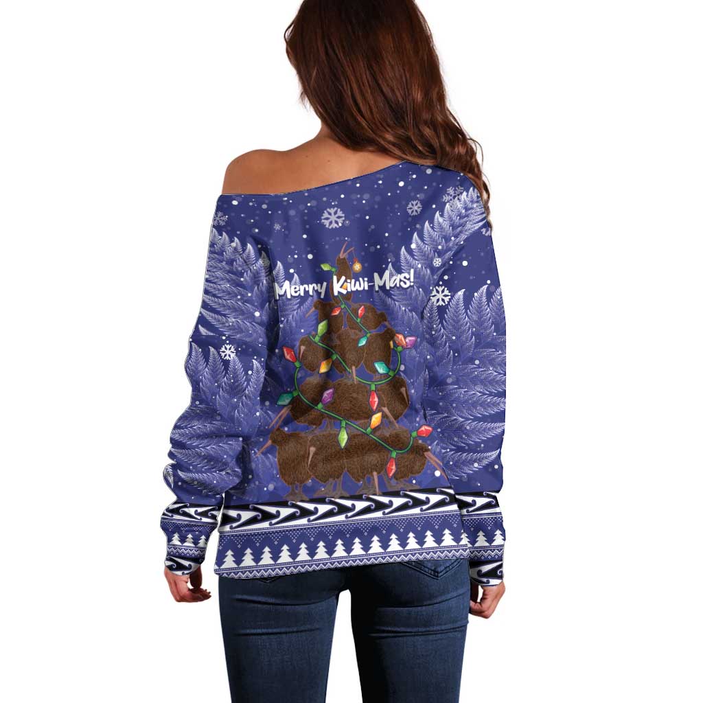 Kiwi New Zealand Christmas Off Shoulder Sweater Meri Kirihimete Silver Fern - Blue Color - Vibe Hoodie Shop