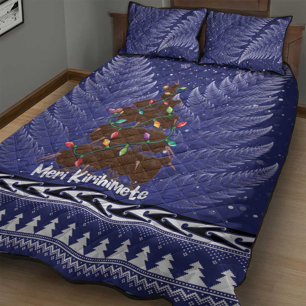 Kiwi New Zealand Christmas Quilt Bed Set Meri Kirihimete Silver Fern - Blue Color - Vibe Hoodie Shop