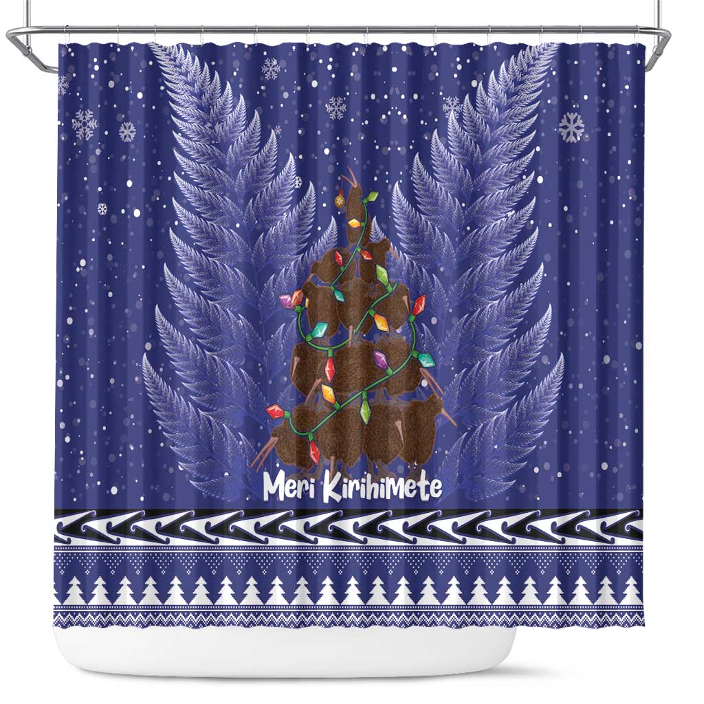 Kiwi New Zealand Christmas Shower Curtain Meri Kirihimete Silver Fern - Blue Color