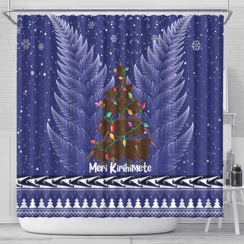 Kiwi New Zealand Christmas Shower Curtain Meri Kirihimete Silver Fern - Blue Color