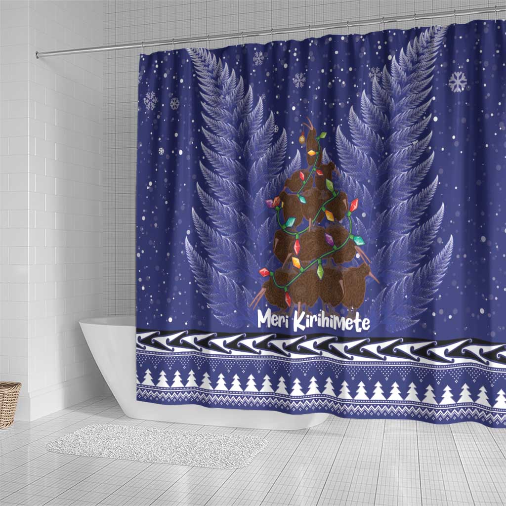 Kiwi New Zealand Christmas Shower Curtain Meri Kirihimete Silver Fern - Blue Color