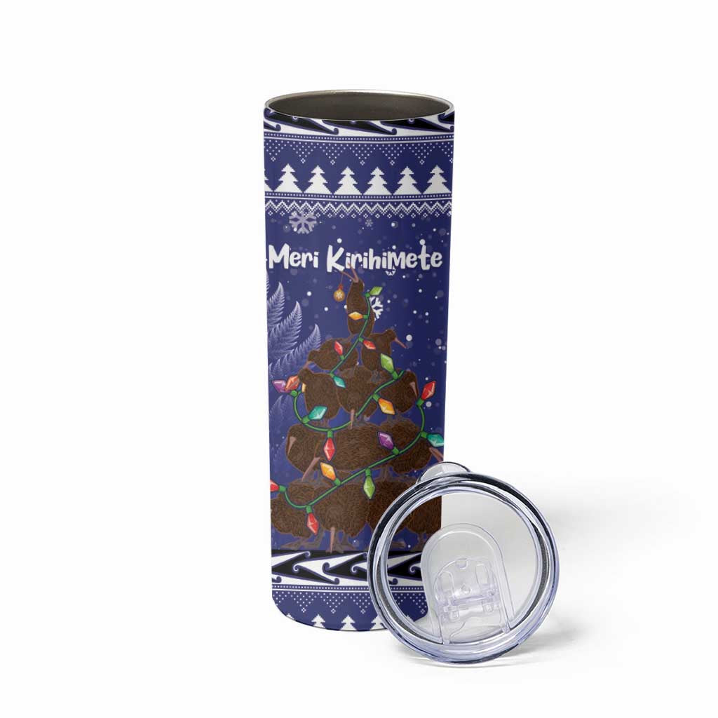 Kiwi New Zealand Christmas Skinny Tumbler Meri Kirihimete Silver Fern - Blue Color