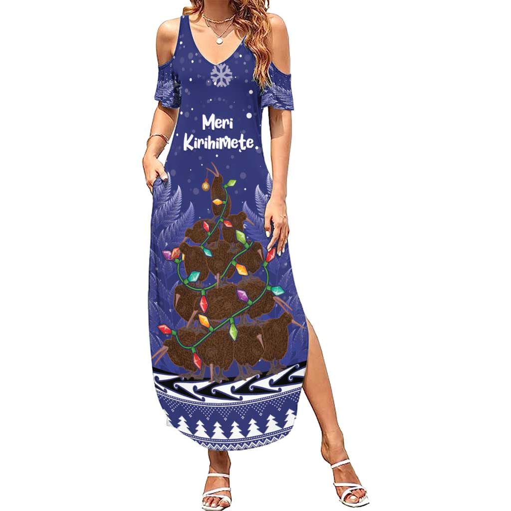 Kiwi New Zealand Christmas Summer Maxi Dress Meri Kirihimete Silver Fern - Blue Color