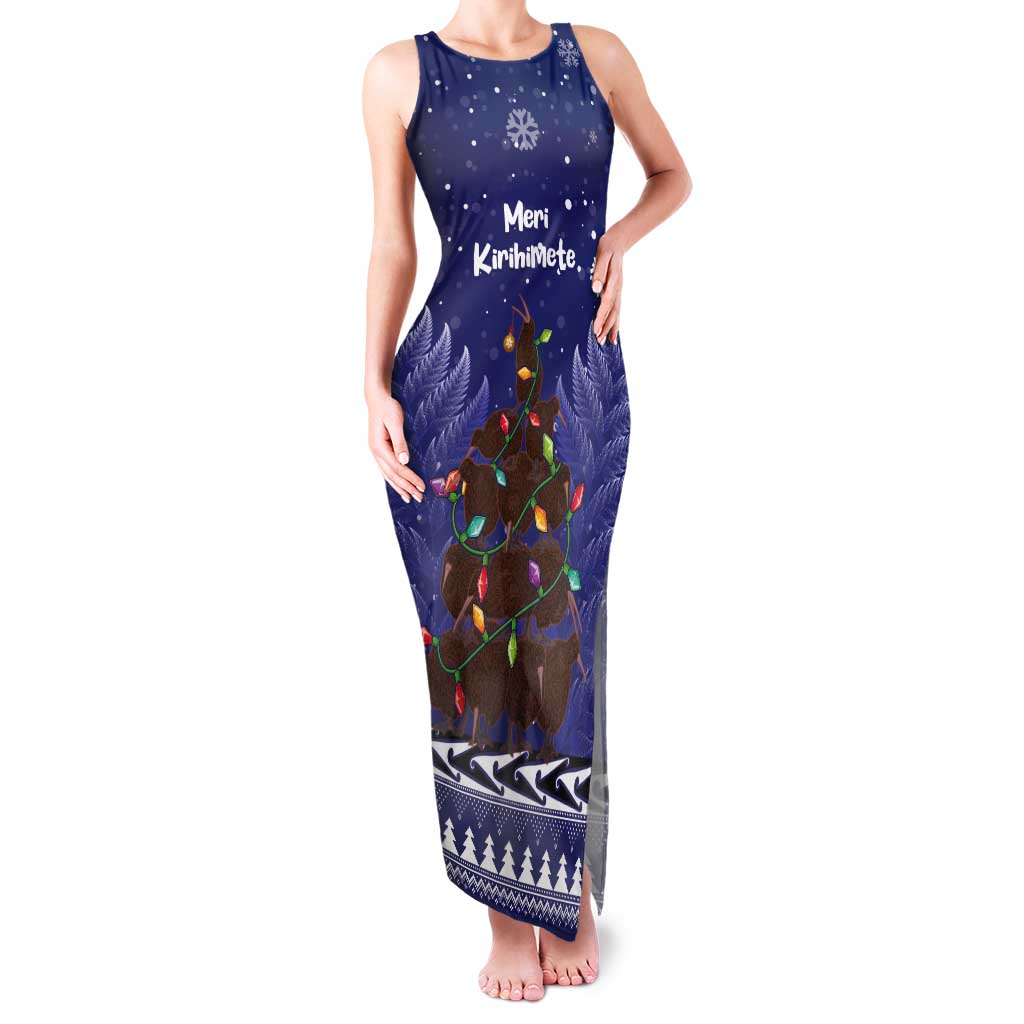 Kiwi New Zealand Christmas Tank Maxi Dress Meri Kirihimete Silver Fern - Blue Color