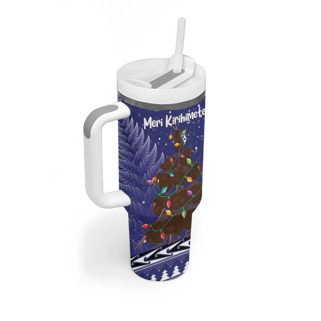 Kiwi New Zealand Christmas Tumbler With Handle Meri Kirihimete Silver Fern - Blue Color