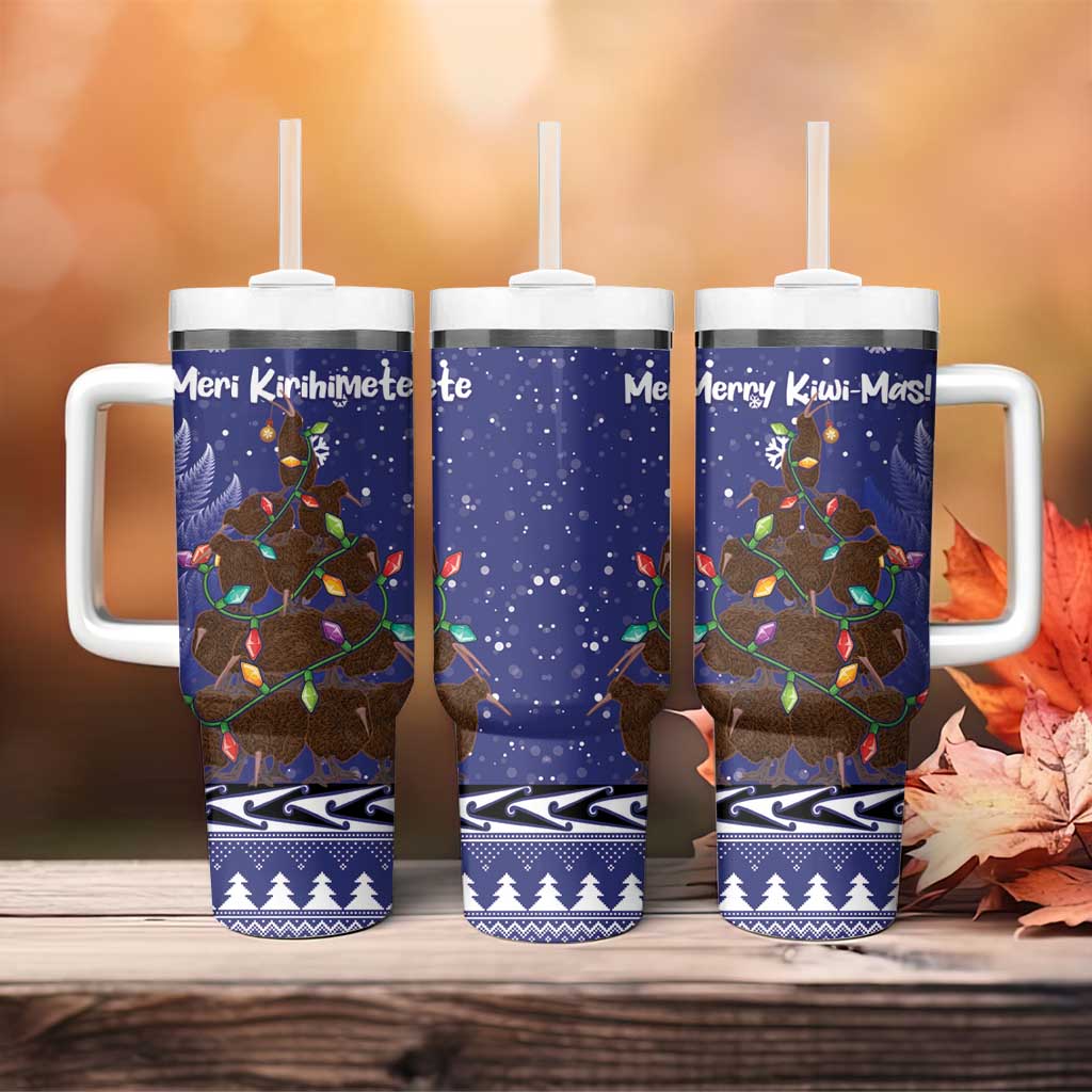 Kiwi New Zealand Christmas Tumbler With Handle Meri Kirihimete Silver Fern - Blue Color