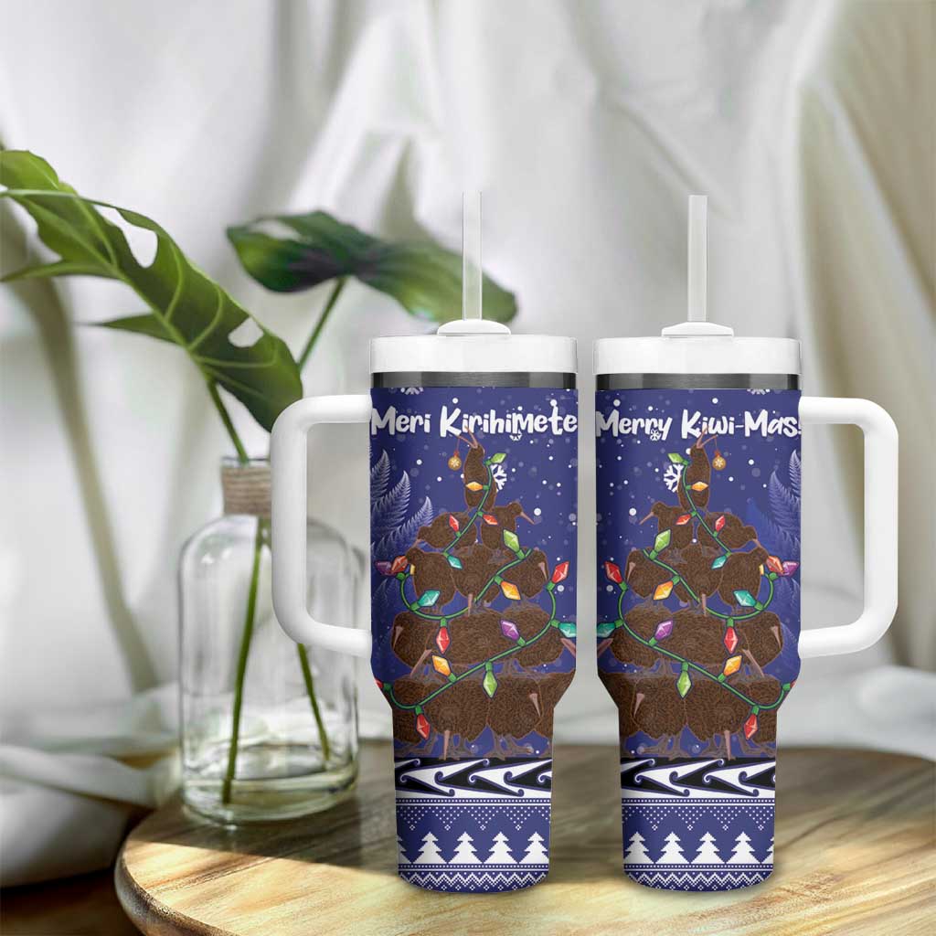 Kiwi New Zealand Christmas Tumbler With Handle Meri Kirihimete Silver Fern - Blue Color