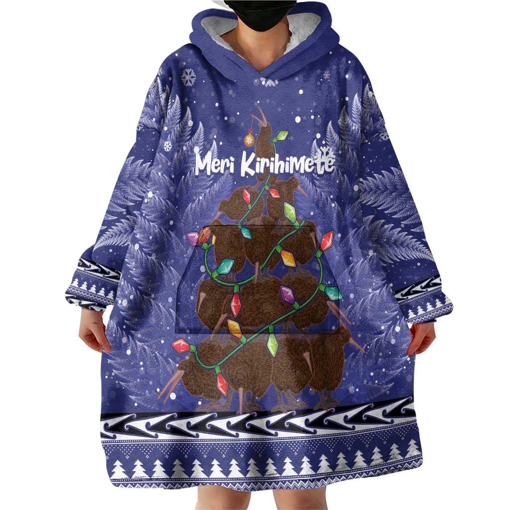 Kiwi New Zealand Christmas Wearable Blanket Hoodie Meri Kirihimete Silver Fern - Blue Color - Vibe Hoodie Shop