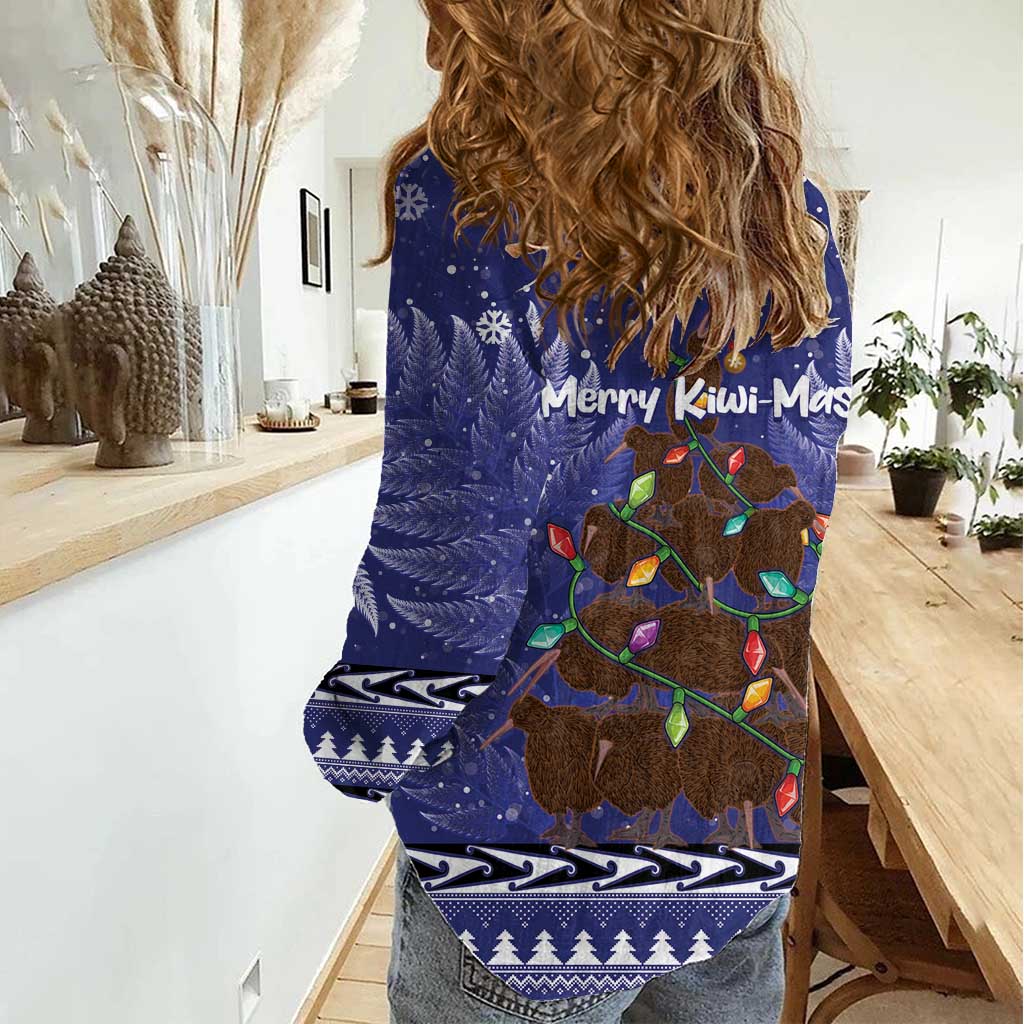 Kiwi New Zealand Christmas Women Casual Shirt Meri Kirihimete Silver Fern - Blue Color - Vibe Hoodie Shop