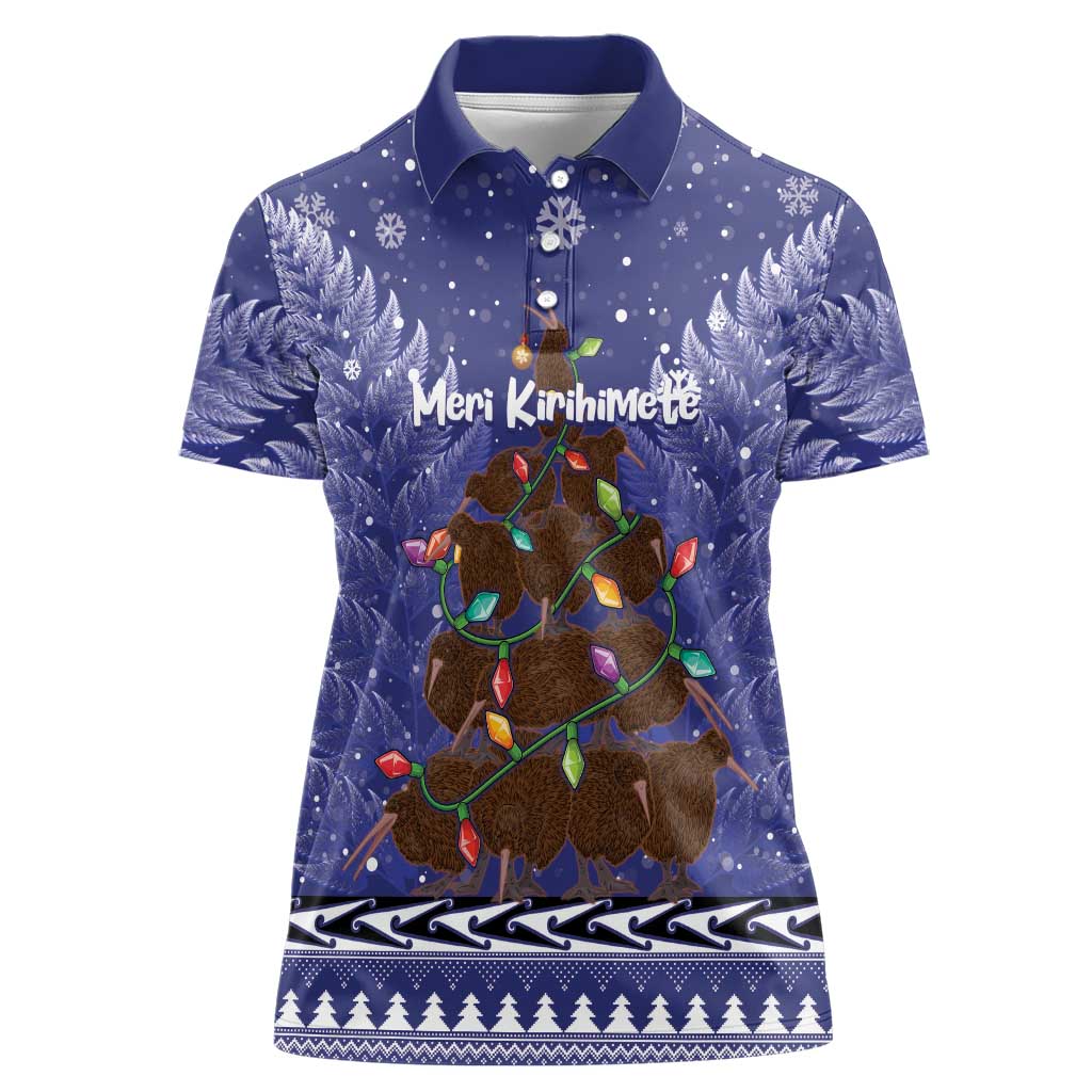 Kiwi New Zealand Christmas Women Polo Shirt Meri Kirihimete Silver Fern - Blue Color - Vibe Hoodie Shop