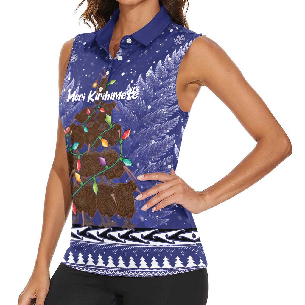 Kiwi New Zealand Christmas Women Sleeveless Polo Shirt Meri Kirihimete Silver Fern - Blue Color