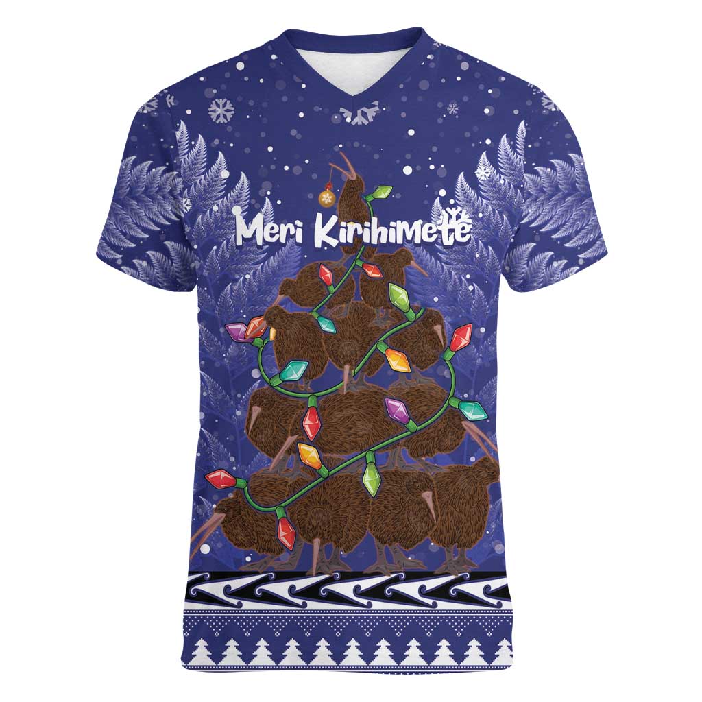 Kiwi New Zealand Christmas Women V-Neck T-Shirt Meri Kirihimete Silver Fern - Blue Color - Vibe Hoodie Shop