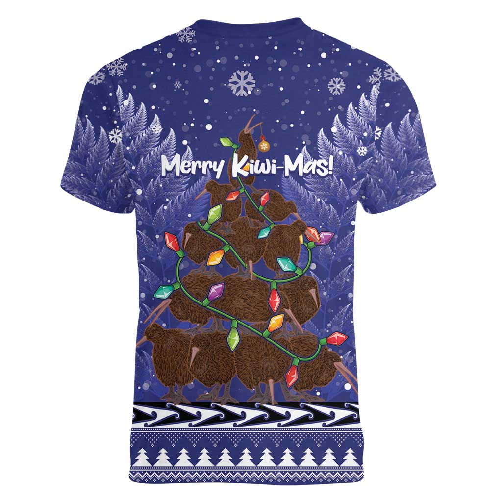 Kiwi New Zealand Christmas Women V-Neck T-Shirt Meri Kirihimete Silver Fern - Blue Color - Vibe Hoodie Shop