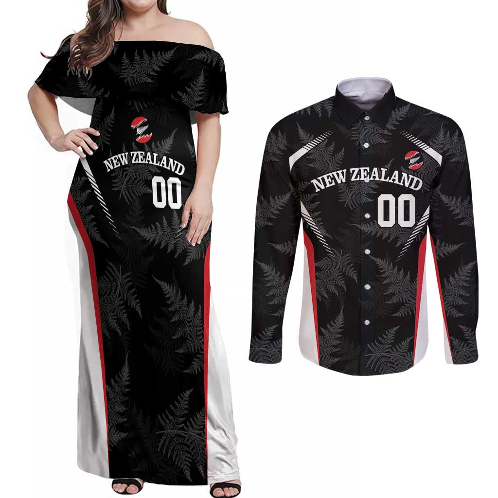 Custom New Zealand Silver Fern Softball Couples Matching Off Shoulder Maxi Dress and Long Sleeve Button Shirt Go Aotearoa