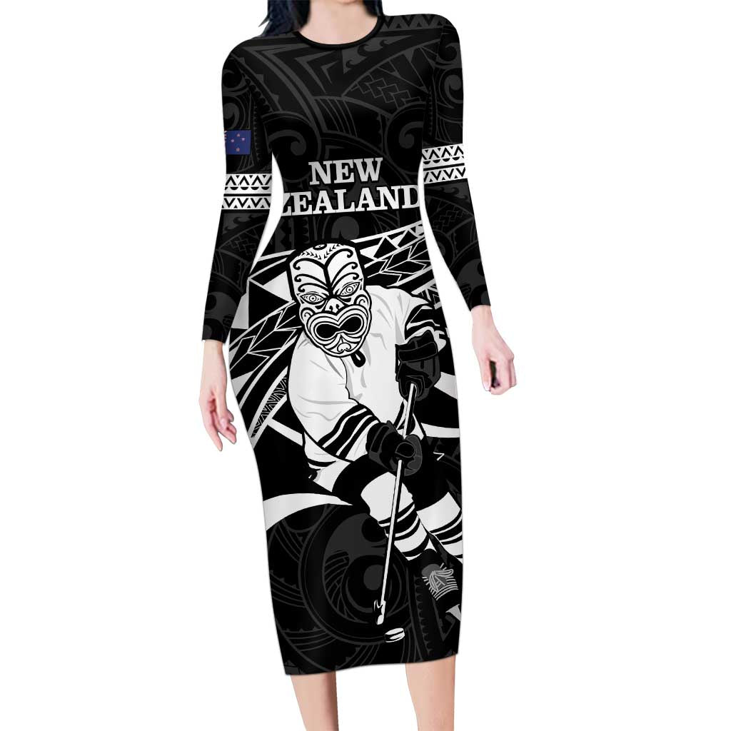 Custom Aotearoa Ice Hockey Family Matching Long Sleeve Bodycon Dress and Hawaiian Shirt NZ Tiki Mascot - Maori Pattern