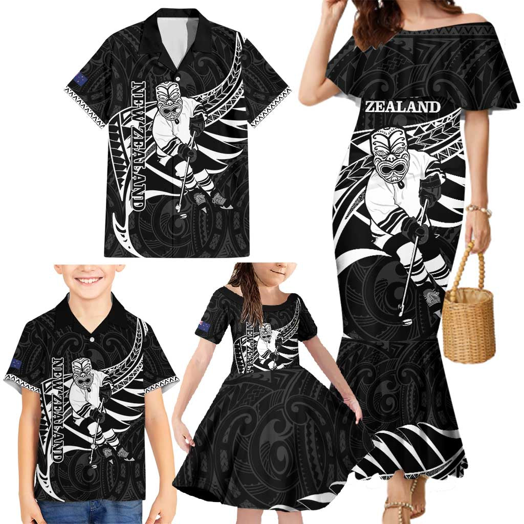 Custom Aotearoa Ice Hockey Family Matching Mermaid Dress and Hawaiian Shirt NZ Tiki Mascot - Maori Pattern