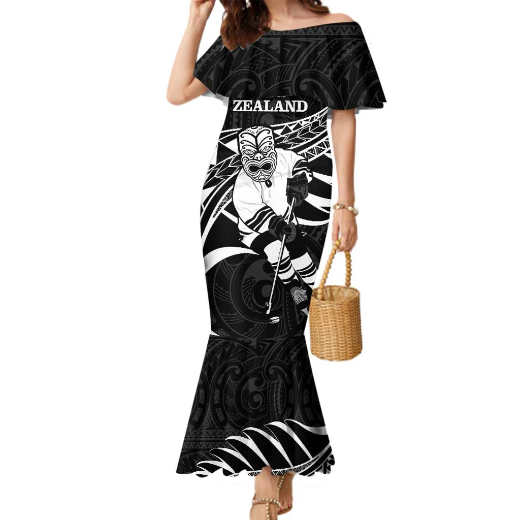 Custom Aotearoa Ice Hockey Family Matching Mermaid Dress and Hawaiian Shirt NZ Tiki Mascot - Maori Pattern