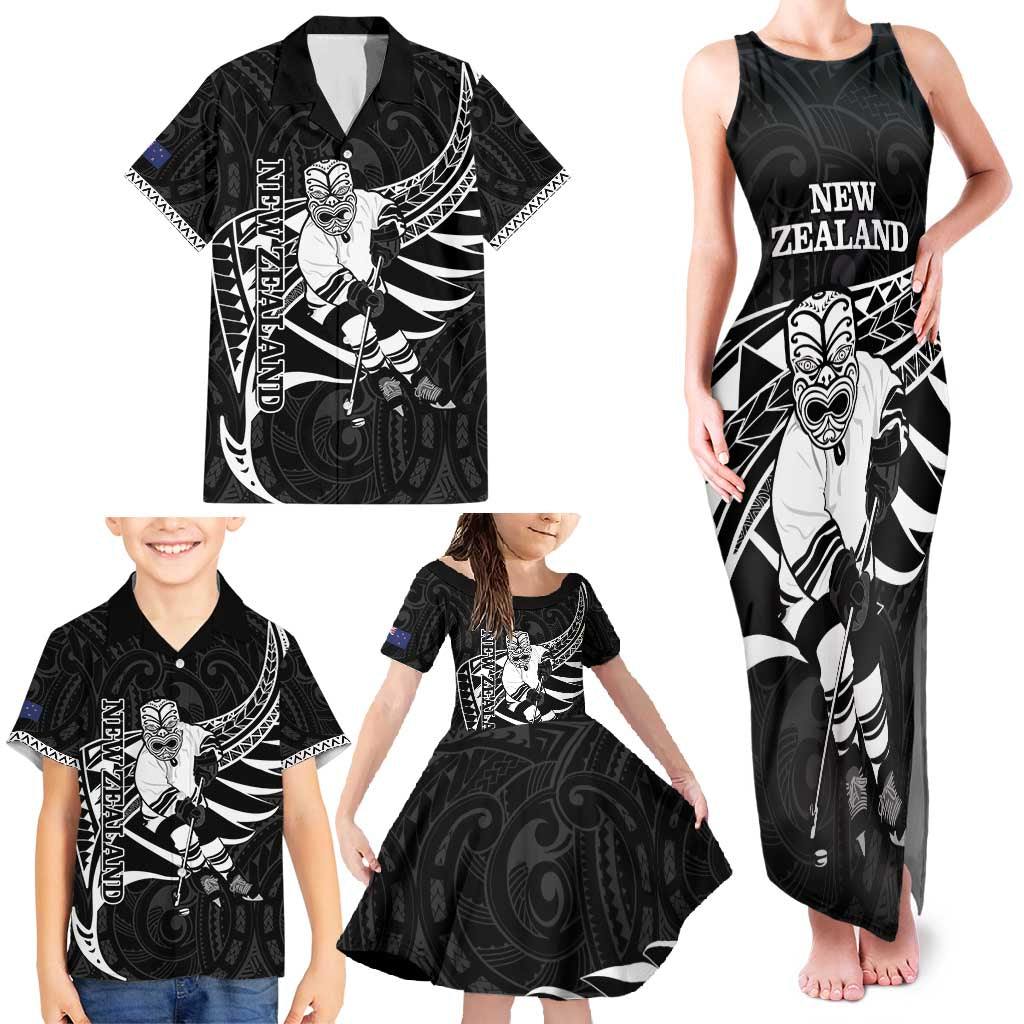 Custom Aotearoa Ice Hockey Family Matching Tank Maxi Dress and Hawaiian Shirt NZ Tiki Mascot - Maori Pattern