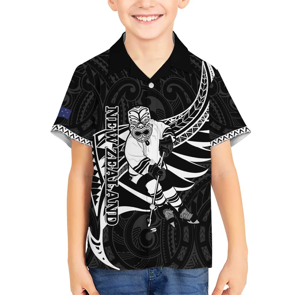 Custom Aotearoa Ice Hockey Kid Hawaiian Shirt NZ Tiki Mascot - Maori Pattern