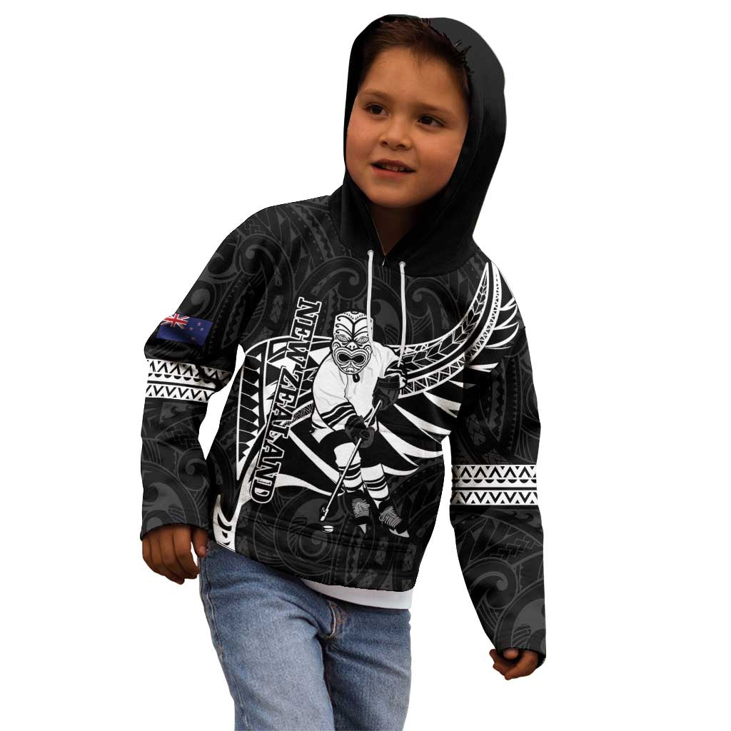 Custom Aotearoa Ice Hockey Kid Hoodie NZ Tiki Mascot - Maori Pattern - Vibe Hoodie Shop