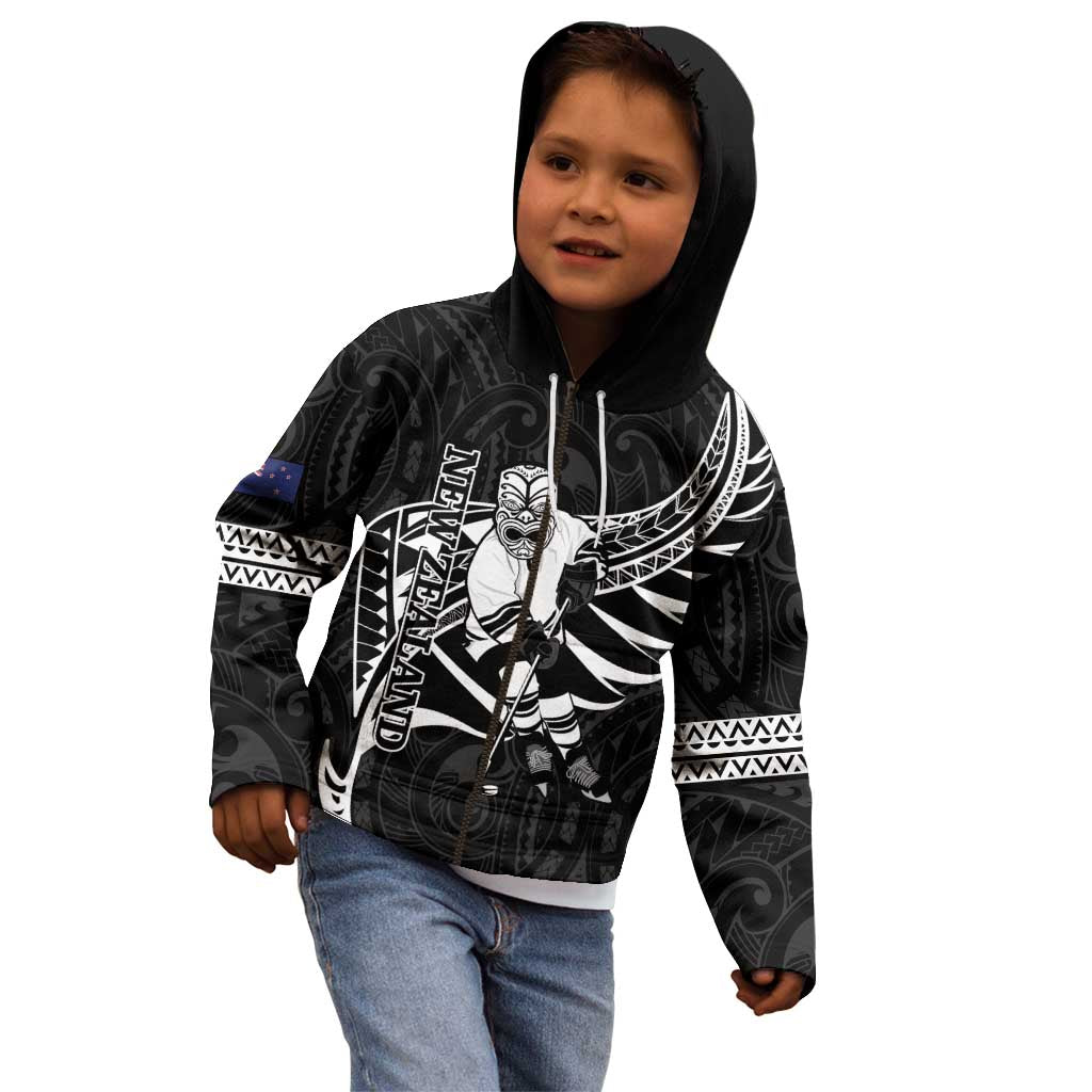 Custom Aotearoa Ice Hockey Kid Hoodie NZ Tiki Mascot - Maori Pattern - Vibe Hoodie Shop