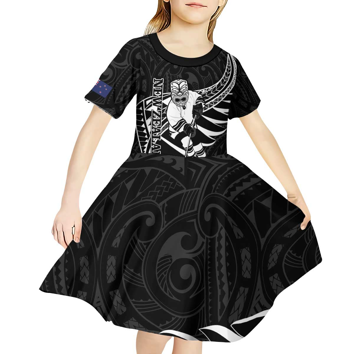 Custom Aotearoa Ice Hockey Kid Short Sleeve Dress NZ Tiki Mascot - Maori Pattern - Vibe Hoodie Shop