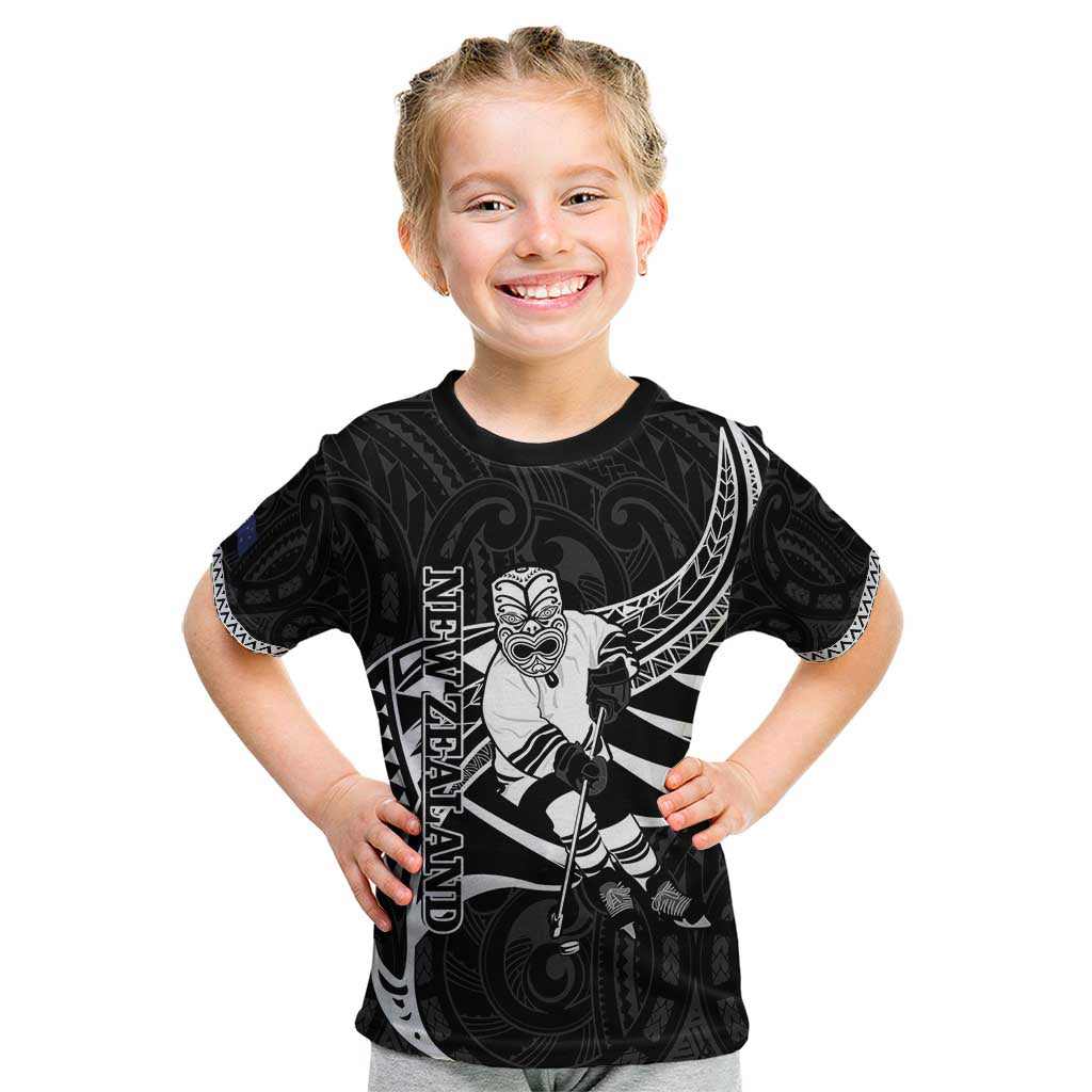 Custom Aotearoa Ice Hockey Kid T Shirt NZ Tiki Mascot - Maori Pattern - Vibe Hoodie Shop