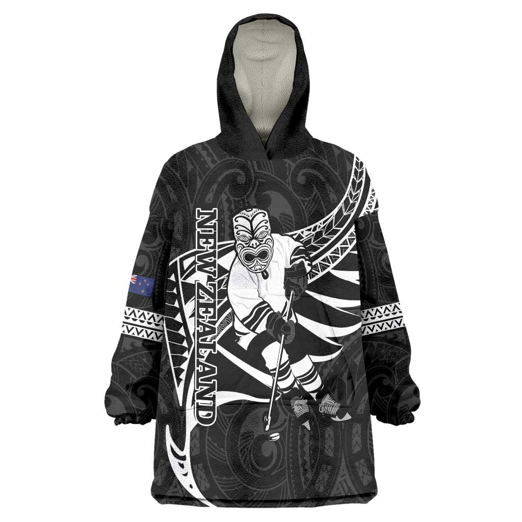 Custom Aotearoa Ice Hockey Wearable Blanket Hoodie NZ Tiki Mascot - Maori Pattern - Vibe Hoodie Shop