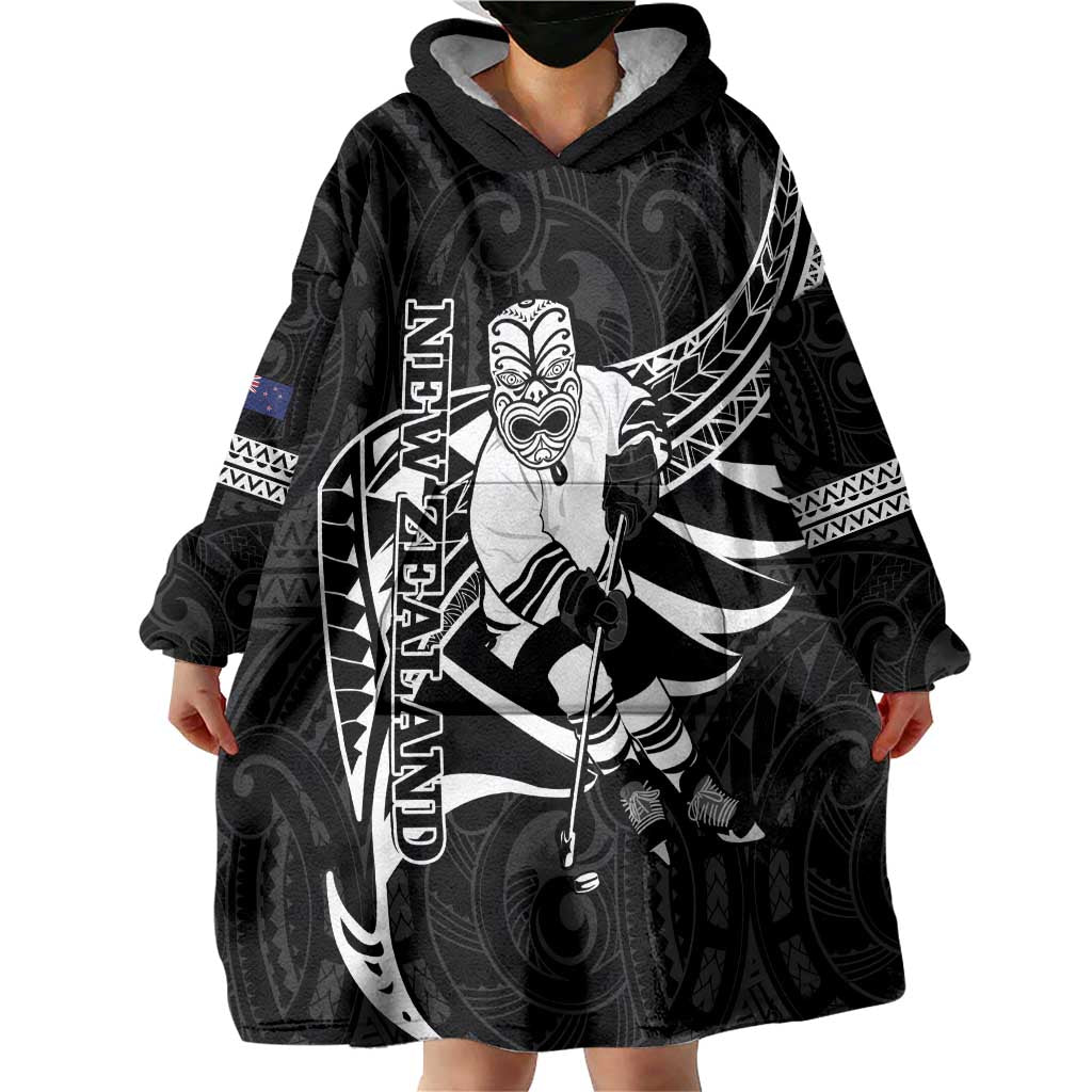 Custom Aotearoa Ice Hockey Wearable Blanket Hoodie NZ Tiki Mascot - Maori Pattern - Vibe Hoodie Shop