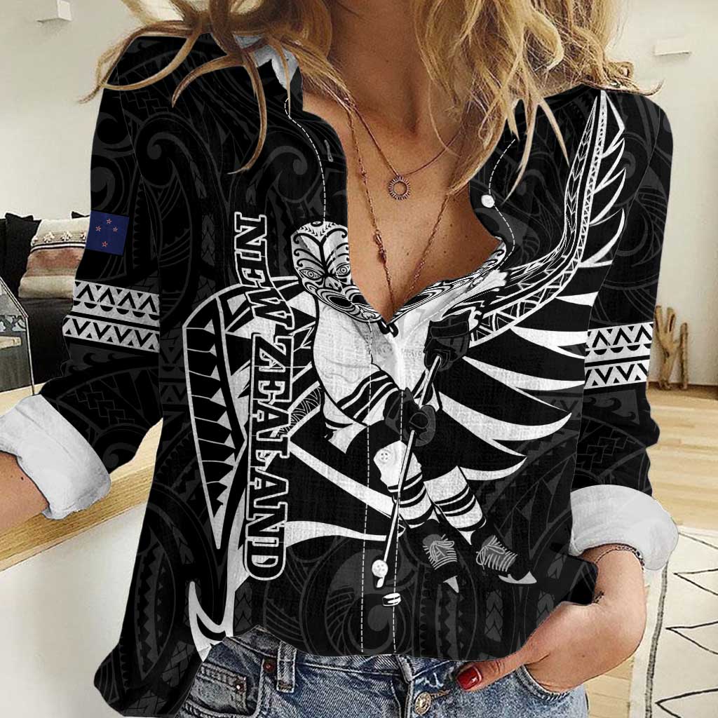 Custom Aotearoa Ice Hockey Women Casual Shirt NZ Tiki Mascot - Maori Pattern - Vibe Hoodie Shop