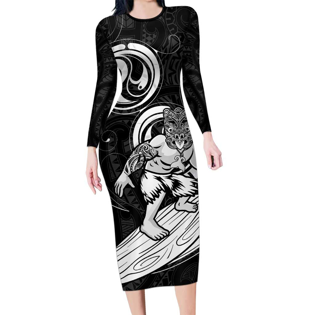 Personalised New Zealand Surfing Family Matching Long Sleeve Bodycon Dress and Hawaiian Shirt Aotearoa Maori Tiki Haka