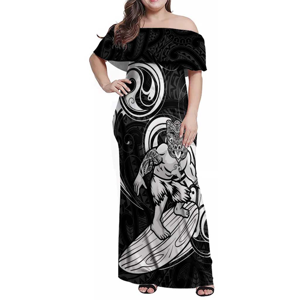 Personalised New Zealand Surfing Family Matching Off Shoulder Maxi Dress and Hawaiian Shirt Aotearoa Maori Tiki Haka