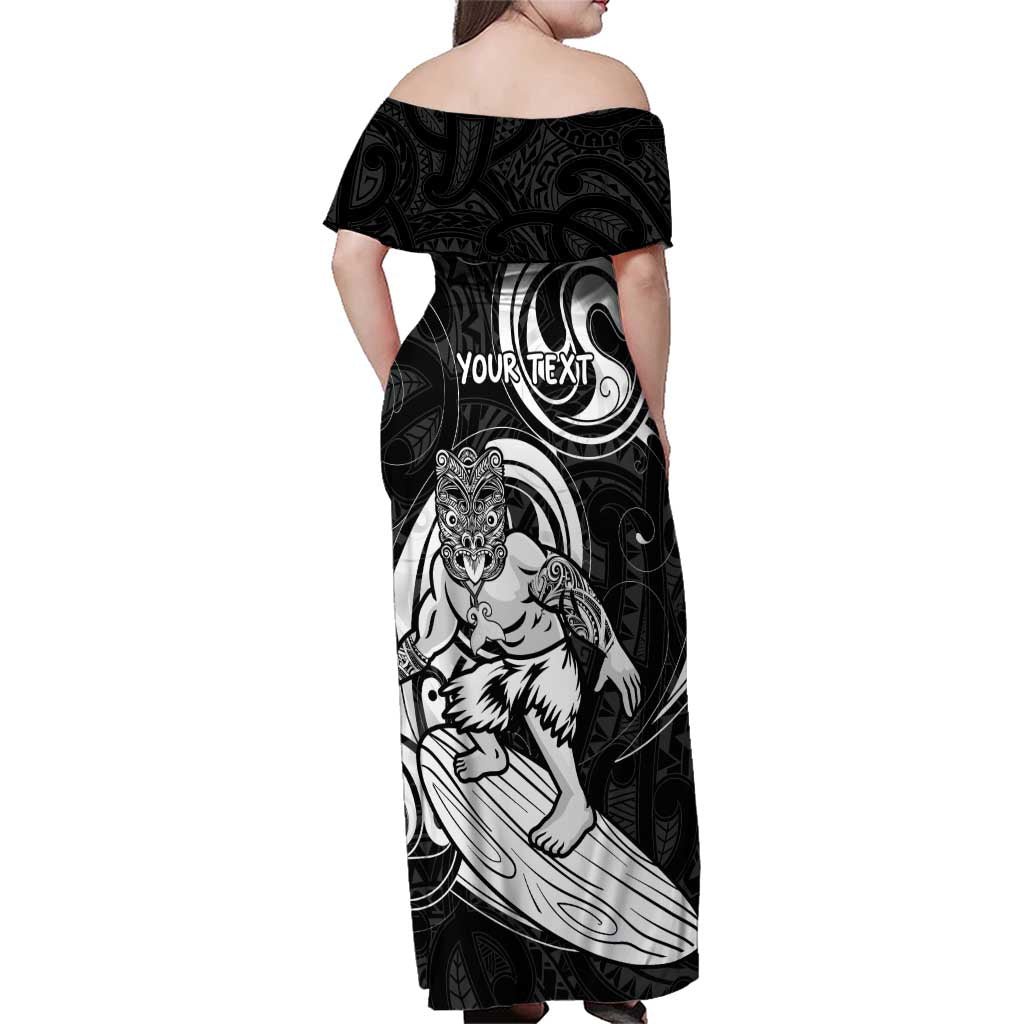 Personalised New Zealand Surfing Family Matching Off Shoulder Maxi Dress and Hawaiian Shirt Aotearoa Maori Tiki Haka