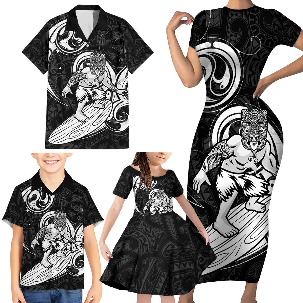 Personalised New Zealand Surfing Family Matching Short Sleeve Bodycon Dress and Hawaiian Shirt Aotearoa Maori Tiki Haka